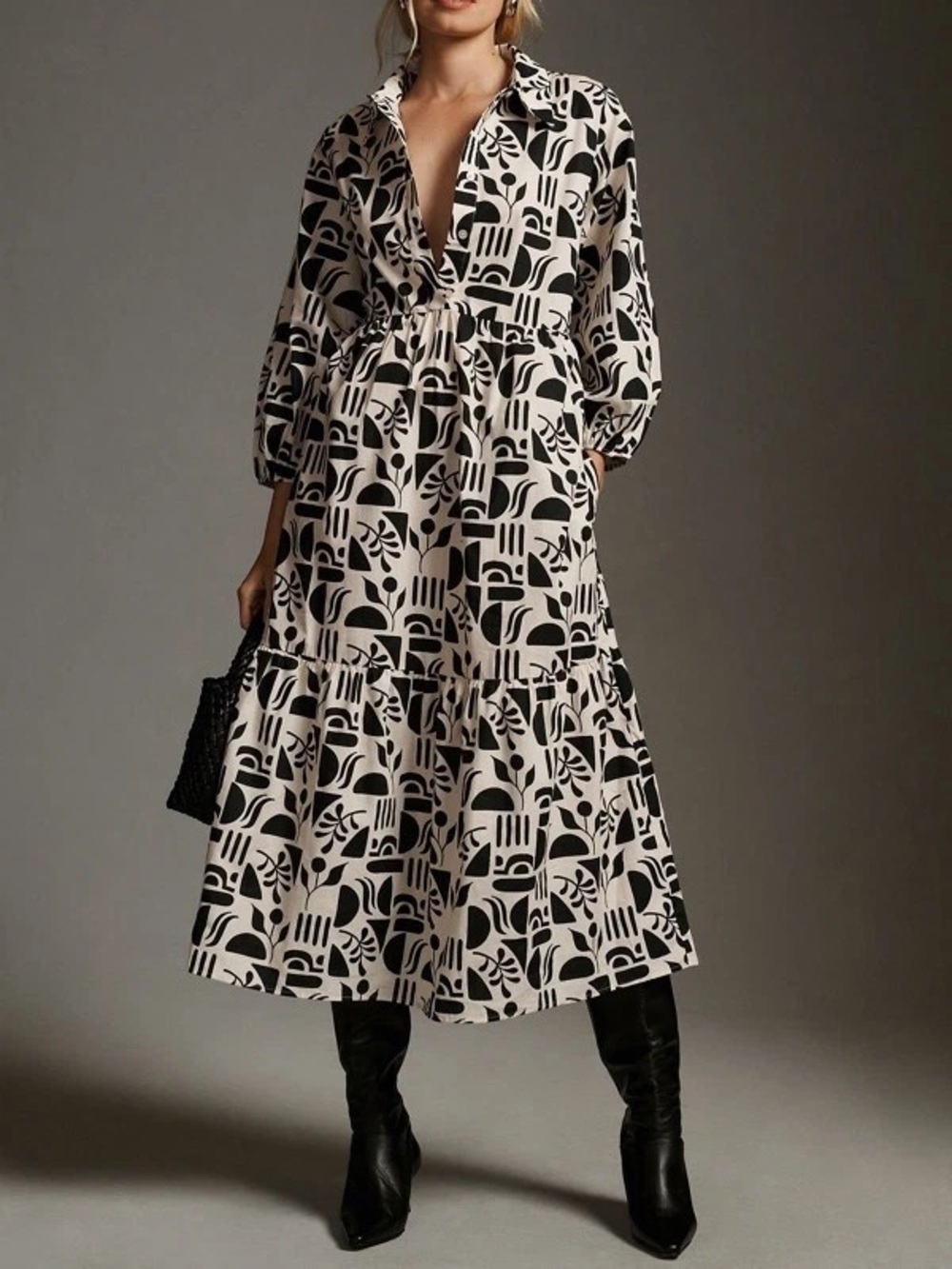 Maeve Bettina Cotton Midi Shirtdress Black White Abstract print size small